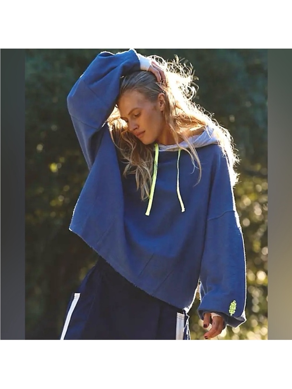 Free People Navy Blue Hoodie with Gray Hood and Neon Yellow Drawstrings
